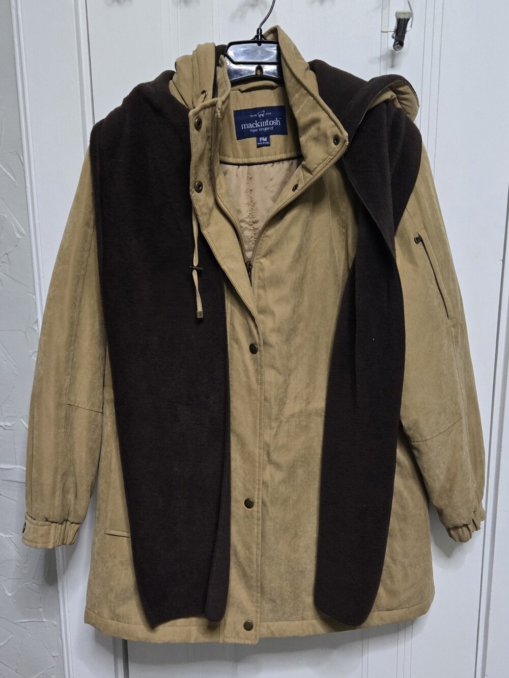 Women's Tan Hooded Coat with Dark Brown Scarf PM